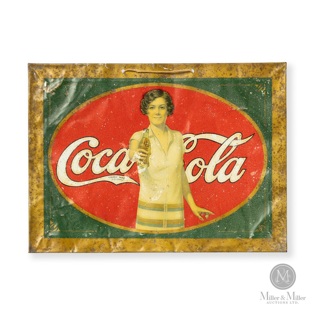 Coca-Cola Girl with Bottle Sign: U.S.A. 1927. Self-framed single-sided tin (SST). The "Tindeco" marking on this sign stands for the Tin Decorating Company of Baltimore, one of the largest and most prestigious metal lithography firms