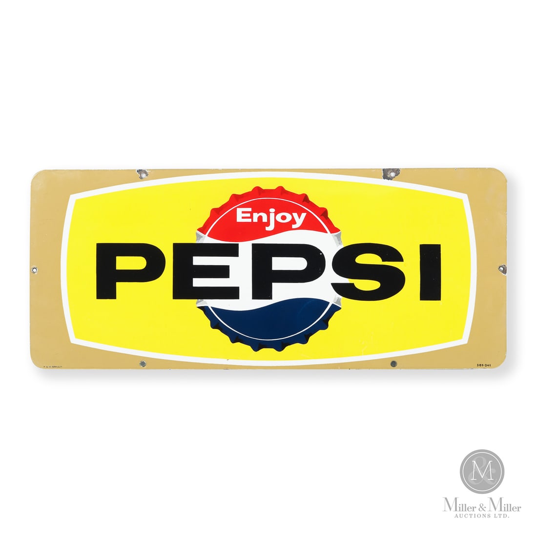 Pepsi-Cola Door Kick Sign: Canadian. 1950s. Single-sided porcelain (SSP). Marked, "P&M Orillia", lower right. Marked, "301-24E", lower left. Grade: 8.75. Excellent colour and gloss. Minor surface scratches. Chips surrounding mo