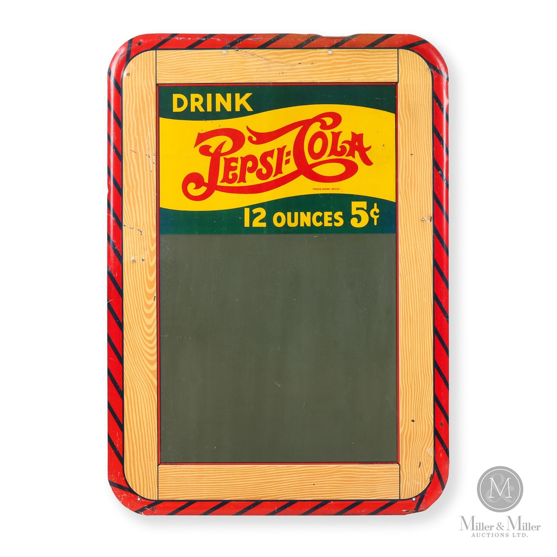 Pepsi-Cola "12 OZ - 5C" Chalkboard Sign: Canada. 1940. Embossed single-sided tin (SST). This sign is the rare, 5 cent version, rare for its limited production window, the double dot logo and historical shifts in pricing. The double dot logo