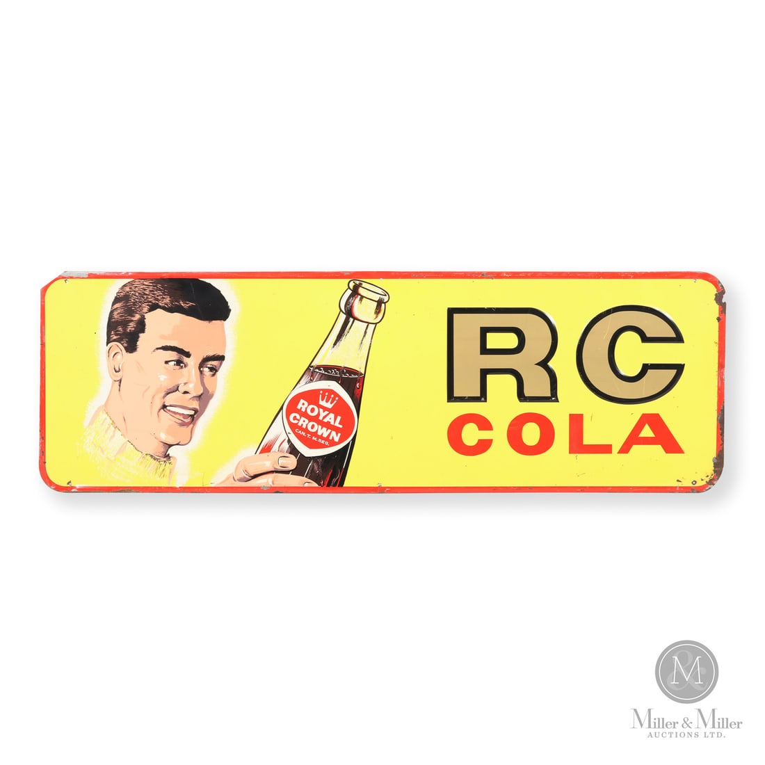 Royal Crown RC Cola Horizontal Sign: Canadian. 1963. Embossed single-sided tin (SST). Marked, "Made in Canada - Barker - 63", lower left edge. Grade: 8.5. Excellent colour and gloss. Edge wear with paint loss. Scuffs, scratches, and nick