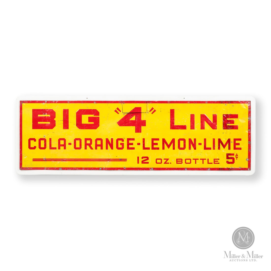 Big "4" Line Beverages Horizontal Sign: Canadian. 1940s. Single-sided tin (SST). The Big "4" Line was a brand of soda that was bottled in Sudbury, Ontario. As the sign shows, the big "4" refers to the four flavours of soda the company