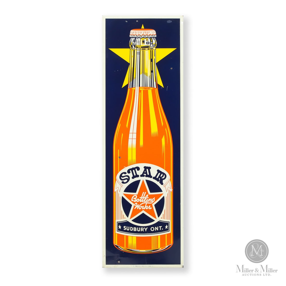 Star Bottling Works Orange Soda Sign: Canadian. 1940s. Single-sided tin (SST). Sudbury, Ontario. In 1916, the Nurmi family opened Finish Bottling Works on College Street. In the 1930s, they renamed the company Star Bottling Works and move