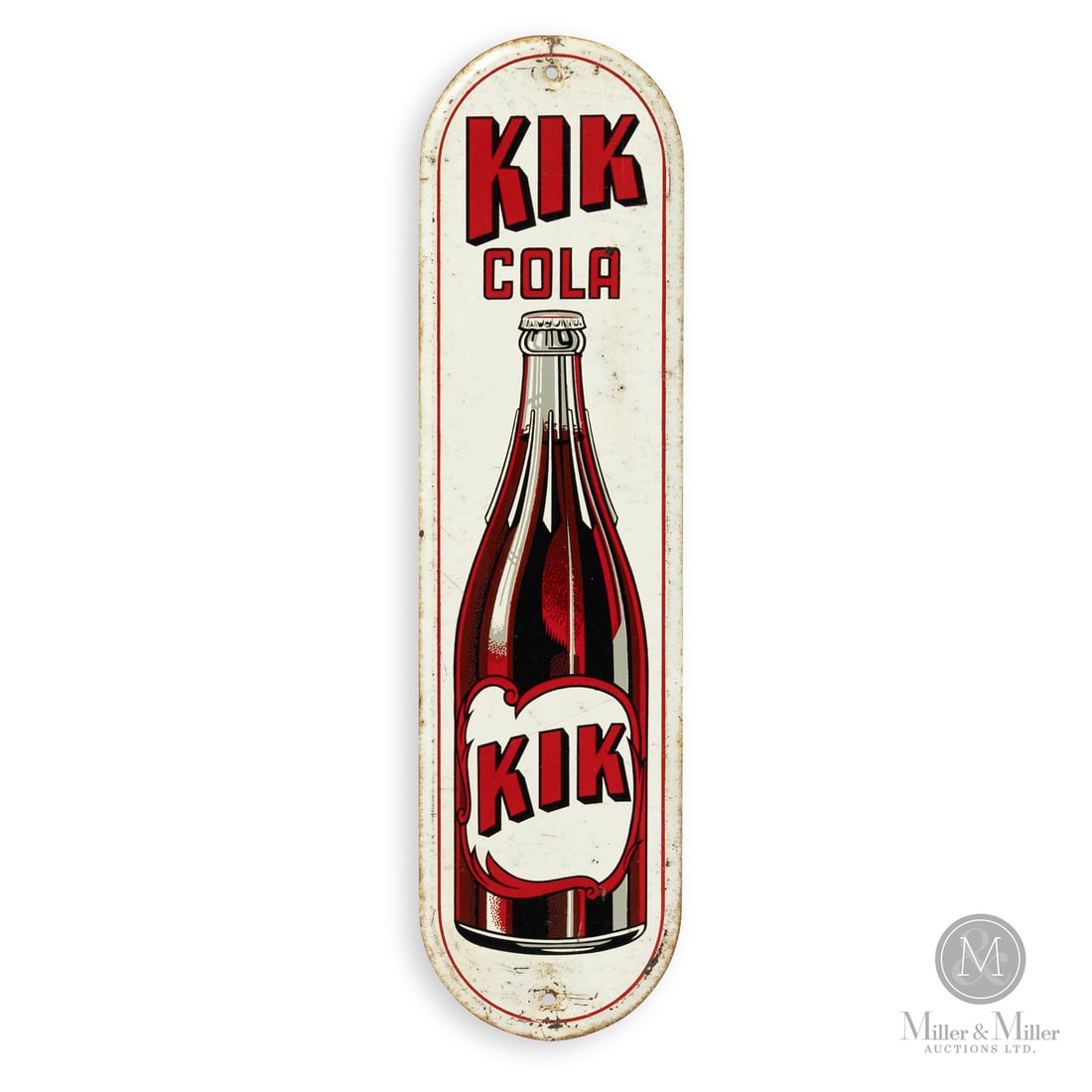 Kik Cola Door Push Sign: Canadian. 1950s. Single-sided tin (SST) with bevelled outer edges. Grade: 8.25. Good colour and gloss. Scuffs, scratches, pitting, and minor chips. Oxidation in margins with subtle discolouration. 13.