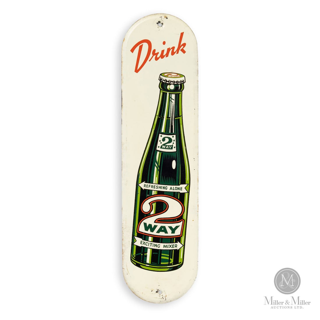 2-Way Soda Door Push Sign: Canadian. 1950s. Single-sided tin (SST) with bevelled outer edges. Grade: 8.75. Good colour and gloss. Wear with stable nicks surrounding mounting holes. Minor oxidation with some paint wear in margin