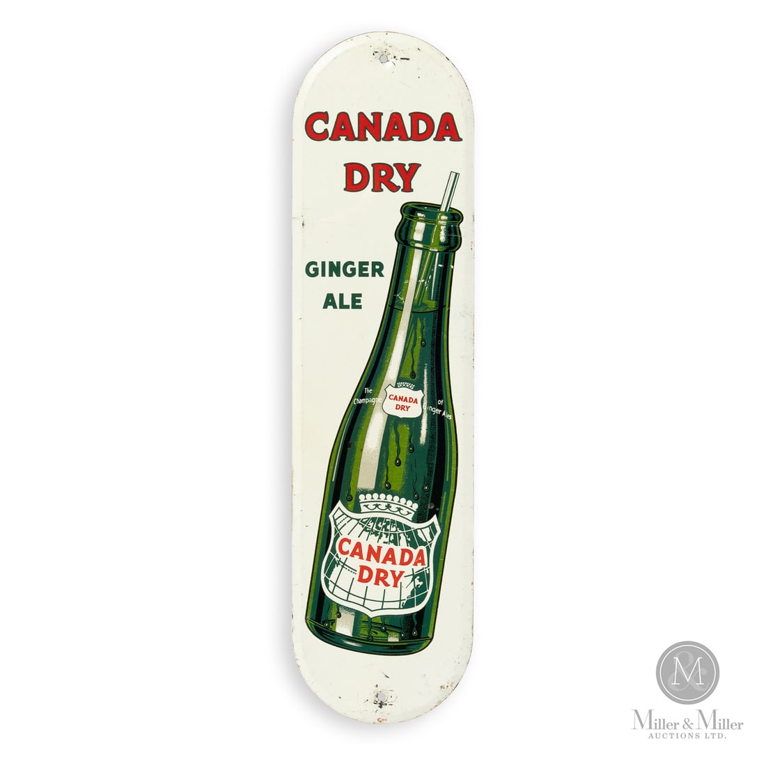 Canada Dry Ginger Ale Door Push Sign: Canadian. 1950s. Single-sided tin (SST) with bevelled outer edges. Marked, "CCC90", lower edge. Grade: 8.75. Excellent colour and gloss. Scuffs and scratches to surface. Minor paint nicks surrounding