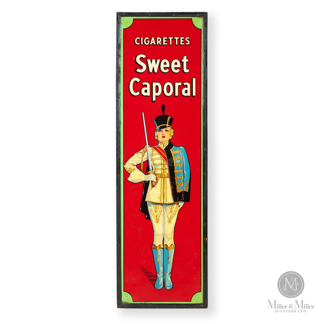 Sweet Caporal Cigarettes Majorette Vertical Sign: Canadian. 1930s. Single-sided tin (SST) in original wood frame. This earlier version of the iconic Sweet Caporal vertical sign features a full-figure image of a majorette. Marked, "D-9647", lower left