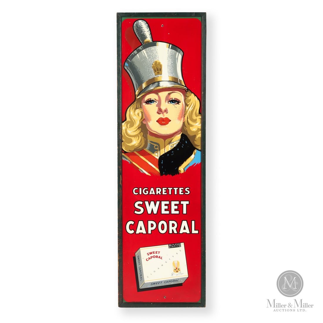 Sweet Caporal Cigarettes Majorette Vertical Sign: Canadian. 1940s. Single-sided tin (SST) in original wood frame. This version of the iconic Sweet Caporal vertical sign features a detailed bust of an attractive majorette with a picture of the cigaret