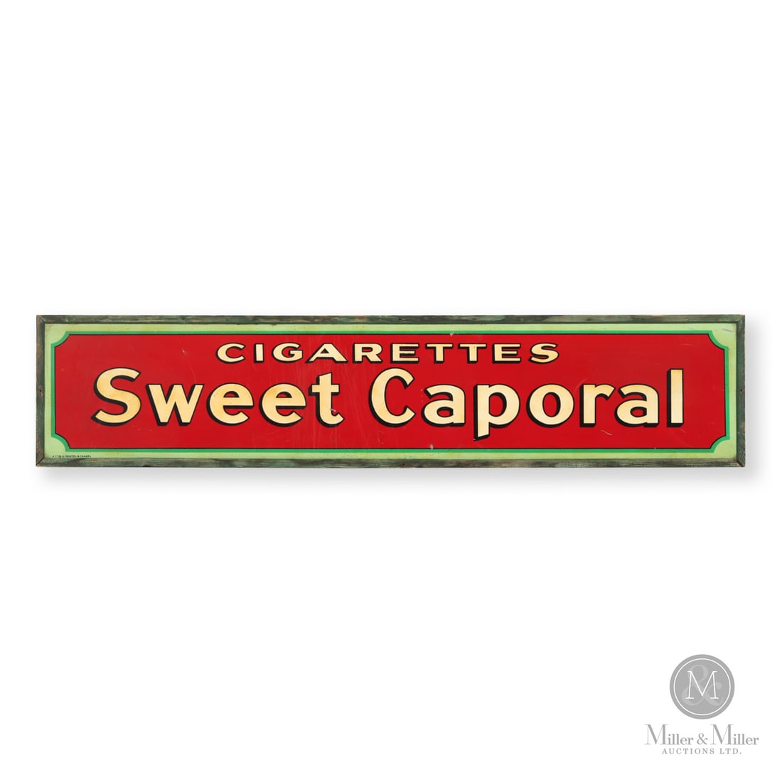Sweet Caporal Cigarettes Framed Horizontal Sign: Canadian. 1940s. Single-sided tin (SST). Originally launched in the 1880s, Sweet Caporal became one of North America’s most enduring cigarette brands. Known for its widespread availability and cigar