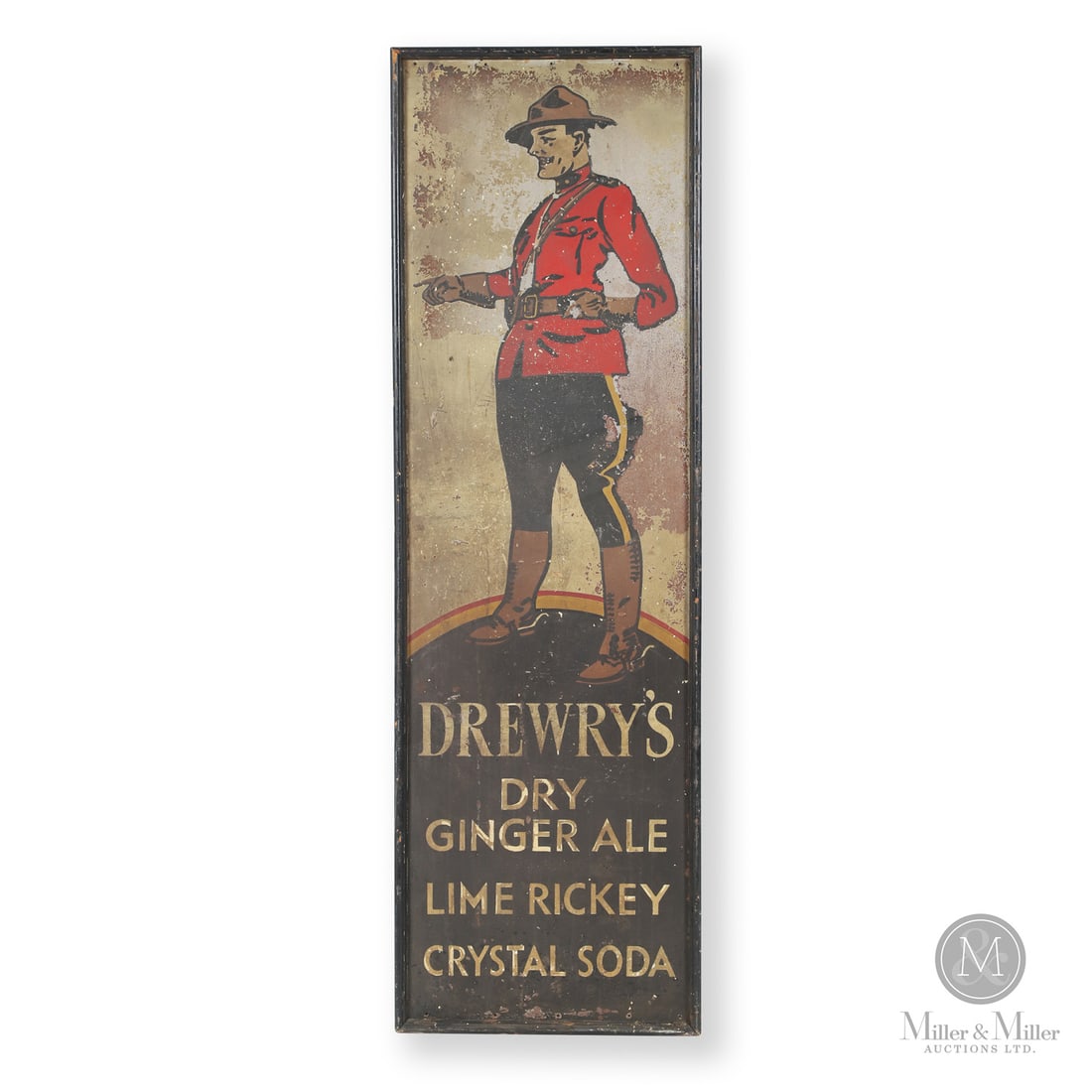 Drewry's Beverages "Mountie" Vertical Sign: Canadian. 1940s. Embossed single-sided tin (SST). Drewry’s Beverages, based in Winnipeg and founded in 1877, was one of Canada’s oldest breweries before shifting to soft drinks during Prohibition.