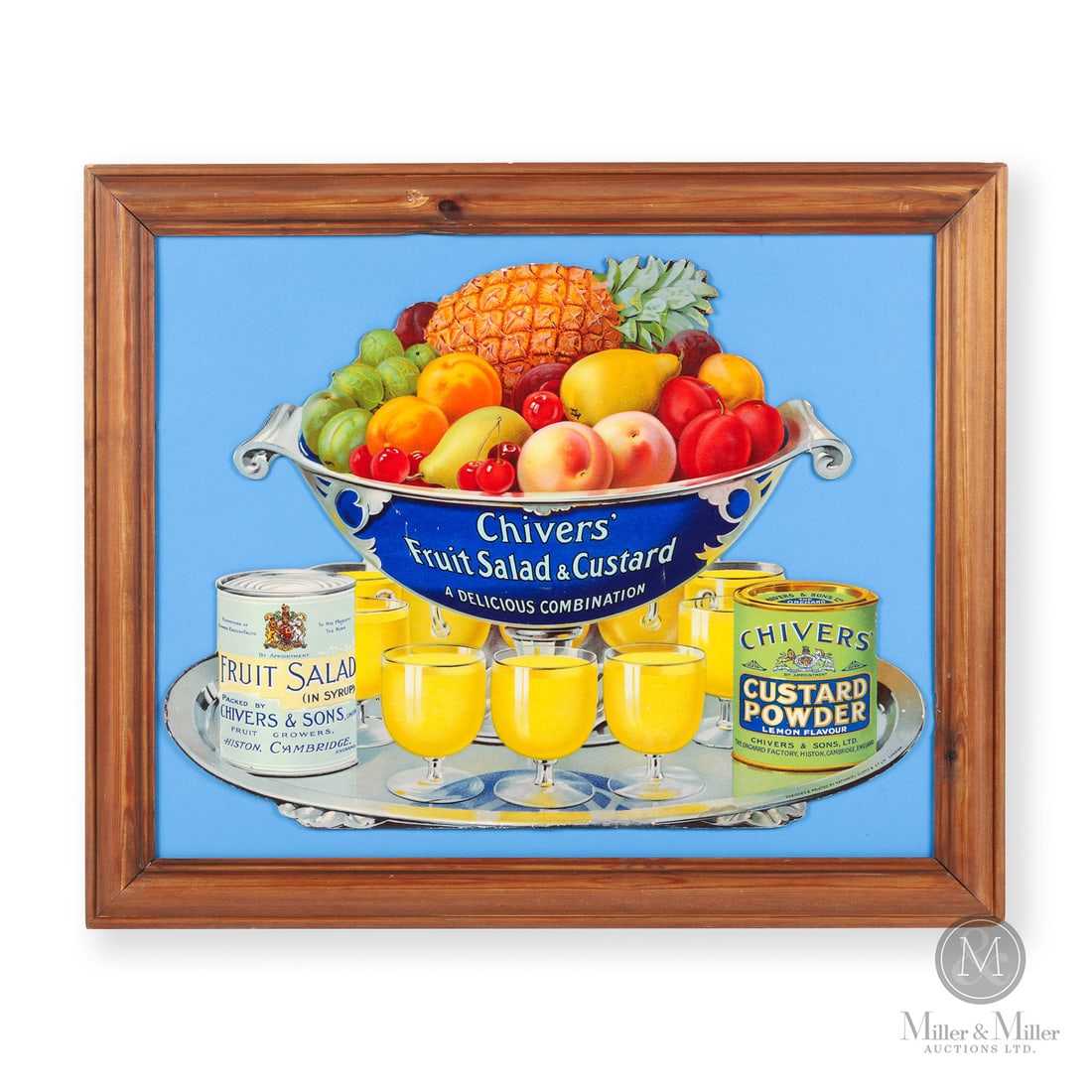 Chivers Fruit Salad & Custard Cardboard Display: British. 1920s. Die-cut single-sided lithographed cardboard (SSC). Framed. Marked, "Designed & Printed by Nathaniel Lloyd & Co. Ltd., London", lower right. Some staining along lower edge with touch-up