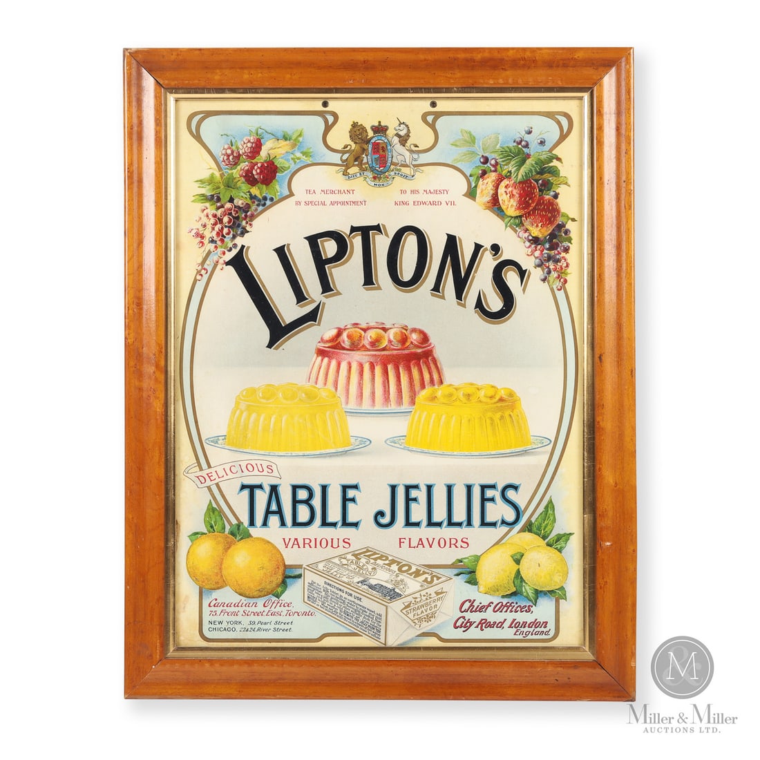 Lipton's Table Jellies Cardboard Hanging Sign: British for Canadian market. 1920s. Single-sided lithographed cardboard (SSC). Framed. Retains excellent colour. Minor staining, particularly to lower left margin. Minor foxing. Retains original hangi