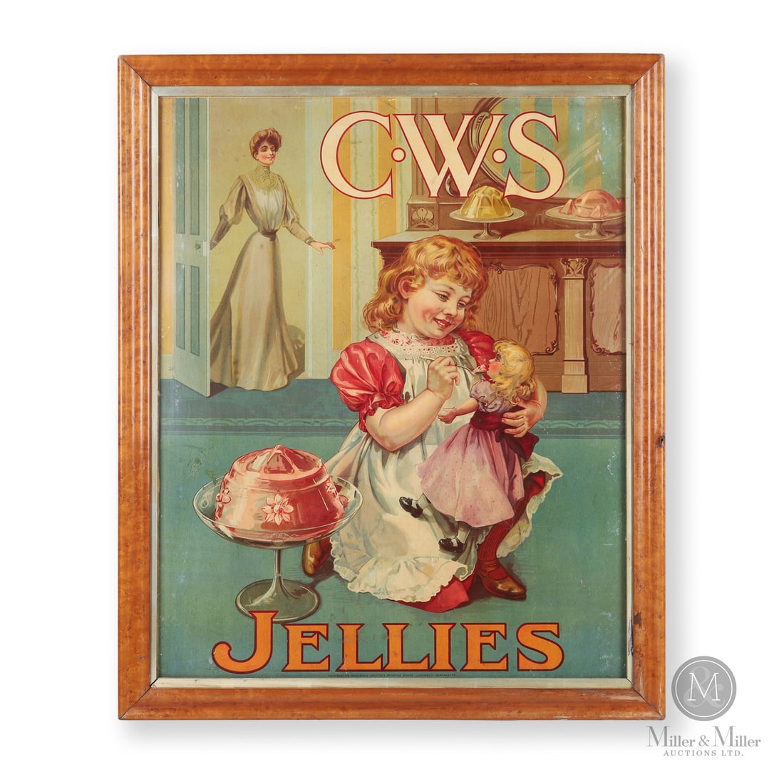 C.W.S Jellies Framed Poster: British. 1890s. Single-sided lithographed cardboard (SSC). Framed. Marked, "Co-Operative Wholesale Society's Printing Works, Longsight, Manchester", lower edge. Retains excellent colour. Minor nicks a