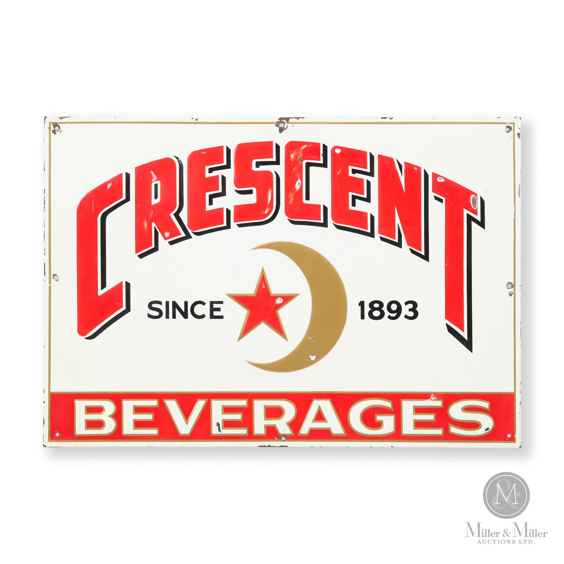 Crescent Beverages Sign: American. 1960s. Embossed single-sided tin (SST). Since 1893. Grade: 8.5. Good colour and gloss. Some abrasion and wear through to the raised portions. 14" x 19.5". Authenticated by The Authentication
