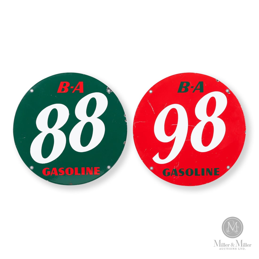 British American "88" and "98" Gasoline Pump Signs: Canadian. 1940s. Single-sided porcelain (SSP). Marked, "P&M", lower edge. 10" Dia. All items are guaranteed authentic by Miller & Miller Auctions.