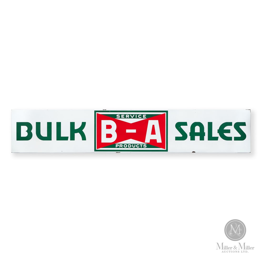 British American Gasoline Bulk Sales Distributor 10' Sign: Canadian. 1940s. Single-sided porcelain (SSP) with return edge. Bulk distributors were centralized wholesale hubs for the retail service stations in towns and cities that sold gas to the public. By th
