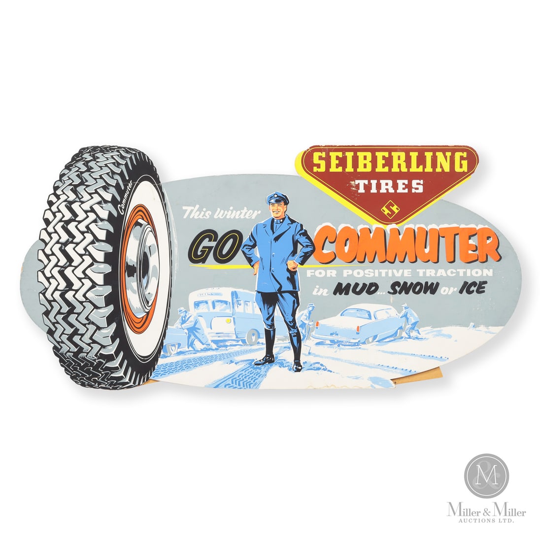 Seiberling Commuter Tires Die-Cut Easel Sign: American. 1960s. Die-cut single-sided lithographed cardboard. Unmarked. 19" x 39.25". All items are guaranteed authentic by Miller & Miller Auctions.