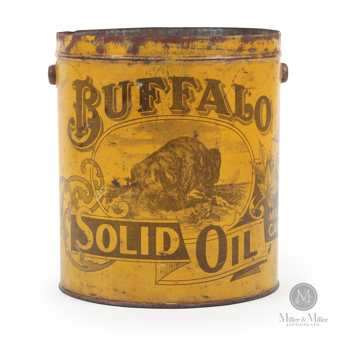 Prairie City Buffalo Solid Oil Pail: Canadian. 1920s. Lithographed tin. Winnipeg, Manitoba; Calgary, Alta.; and Vancouver, British Columbia. Marked, "Macdonald Mfg Co. Limited, Toronto", lower edge near seam. 8" x 7.25" x 7.25". Authenti