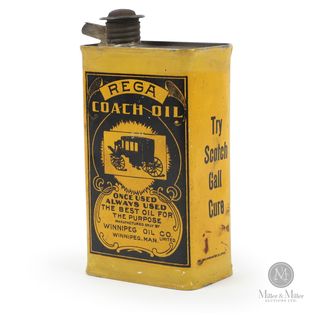 Winnipeg Oil Co. Rega Coach Oil Tin: Canadian. 1910s. Lithographed tin. Winnipeg Oil Co. Ltd. Winnipeg, Man. This was a heavy lubricant used for horse-drawn carriages and early automotive chassis. Marked, "The Thomas Davidson Mfg. Co. Lt