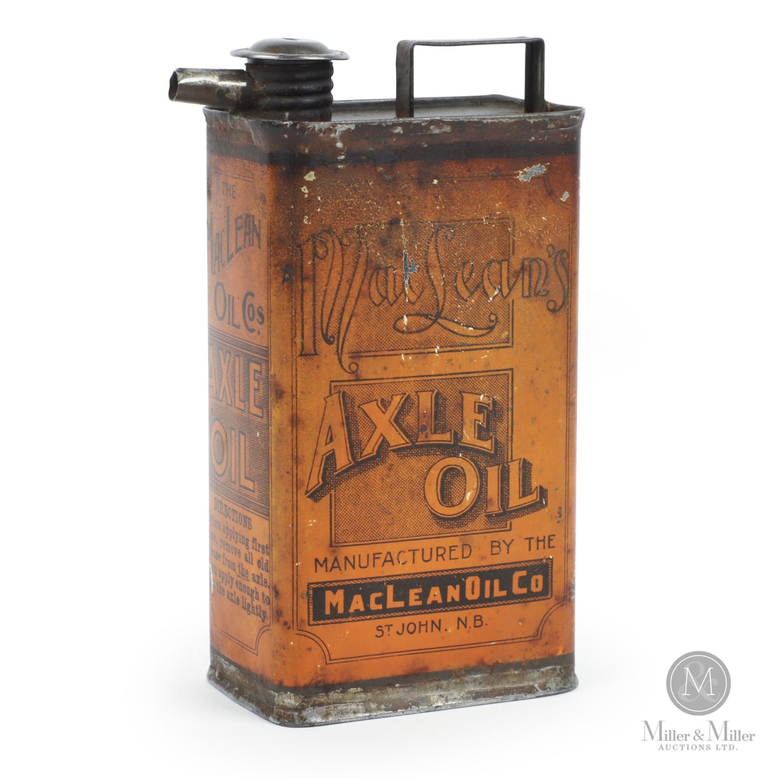 MacLean Oil Co Axle Oil Tin: Canadian. 1910s. Lithographed tin. St. John, New Brunswick. Marked, "The Thomas Davidson Mfg. Co. Ltd, Montreal", lower edge on reverse. 6" x 4" x 2". Authenticated by The Authentication Company (TAC