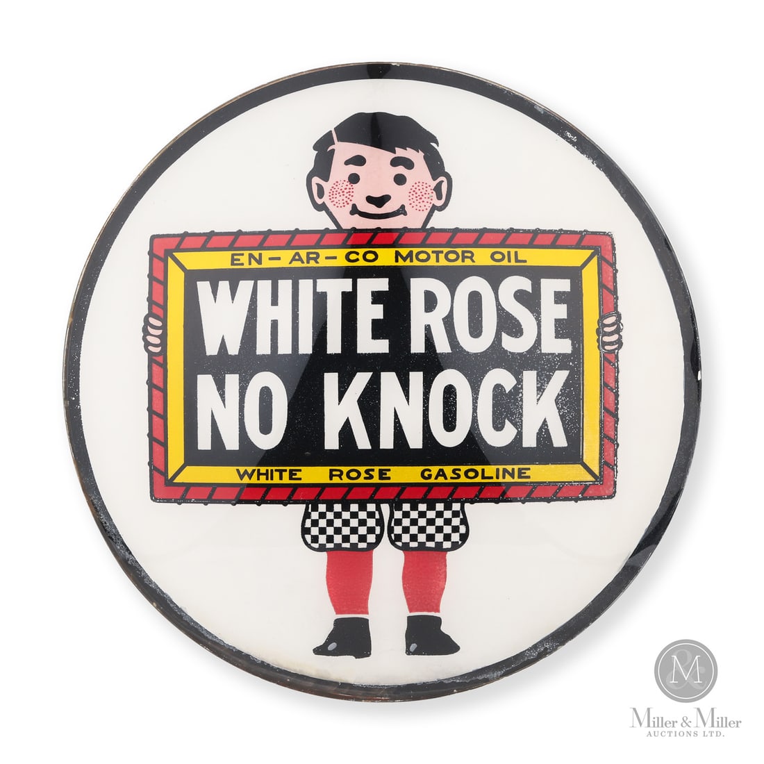 White Rose "No Knock" Gasoline Pump Globe Lens: Canadian. 1920s. Reverse baked glass lens. Featuring the iconic "Boy and Slate" graphic. Unmarked. 15" Dia. All items are guaranteed authentic by Miller & Miller Auctions.