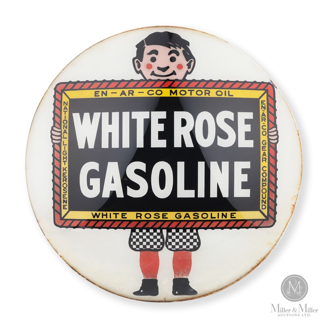 White Rose Gasoline Pump Globe Lens: Canadian. 1930s. Reverse baked glass lens. Unmarked. 15" Dia. All items are guaranteed authentic by Miller & Miller Auctions.
