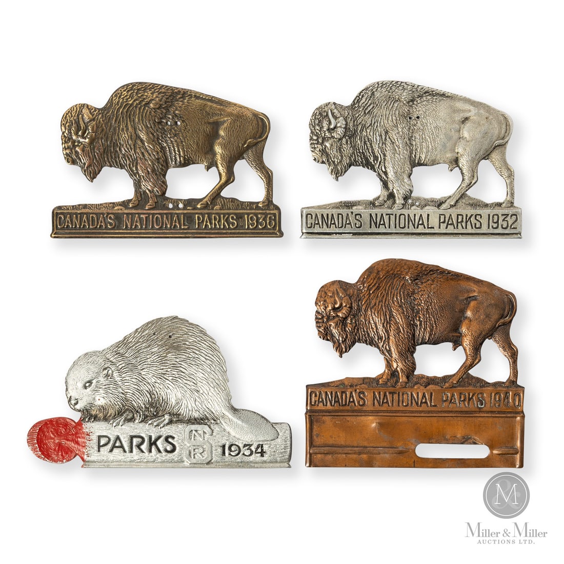 Four Canadian National Parks Grille Badges: Canadian. 1932, 1934, 1936, and 1940. Stamped brass, copper, aluminum. Grille badges are miniature works of art that were affixed to the radiator or grille of an automobile. They were used by companie