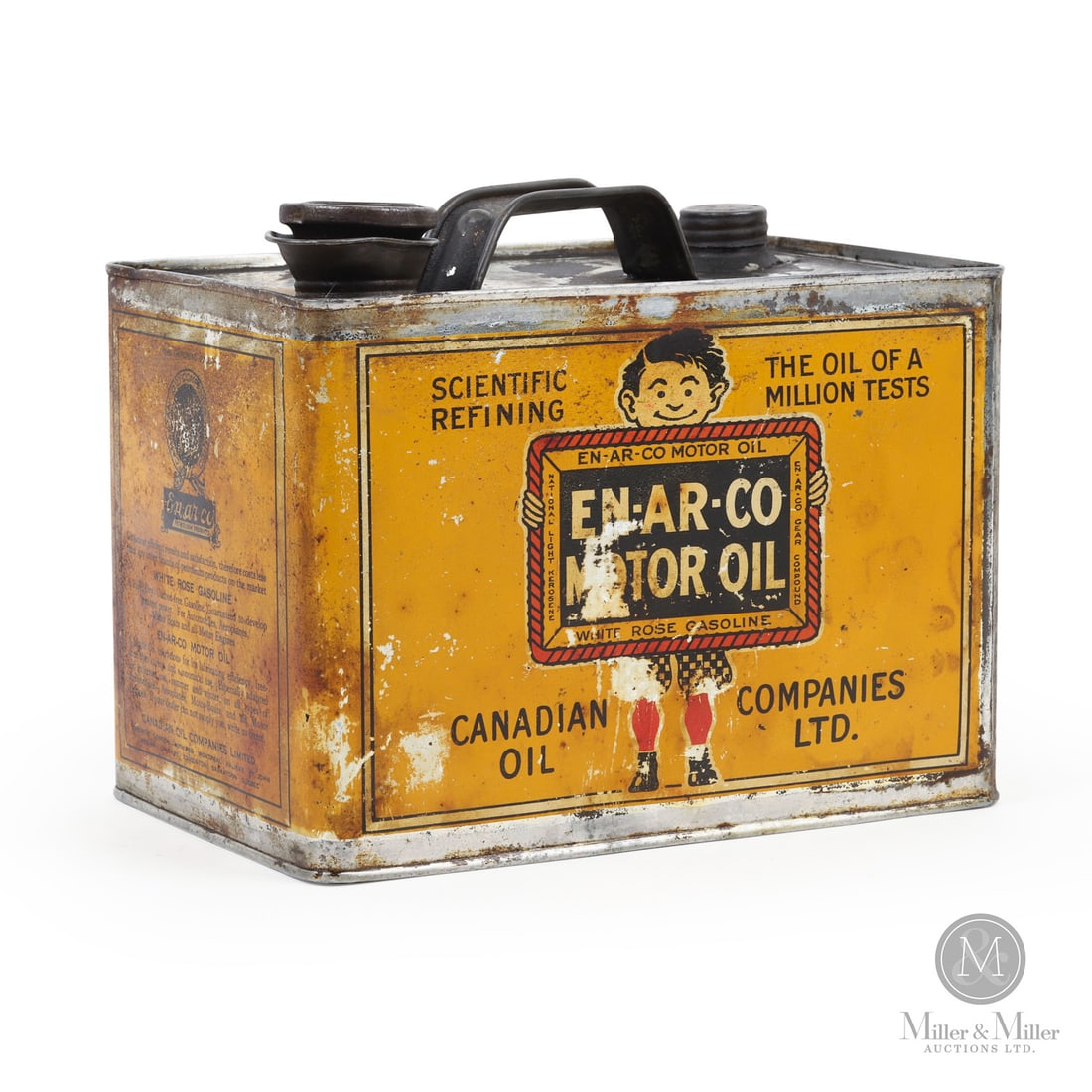En-Ar-Co Motor Oil Square 1 Imperial Gallon Tin: Canadian. 1920s. Lithographed tin. Features the "Slate Boy" logo. Marked, "Macdonald Mfg Co. Limited, Toronto", lower edge under label. 7" x 9" x 5.5". Authenticated by The Authentication Company (TAC