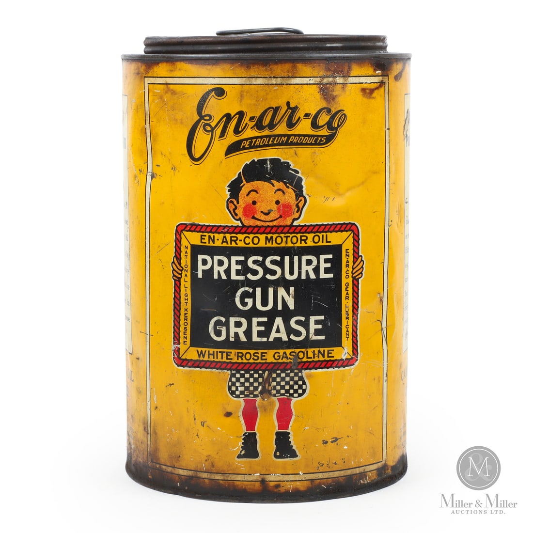 En-Ar-Co Pressure Gun 10 Lb Grease Tin: Canadian. 1940s. Lithographed tin. White Rose gasoline slate boy. 14" x 9" x 9". Authenticated by The Authentication Company (TAC #501464). All items are guaranteed authentic by Miller & Miller Auctio