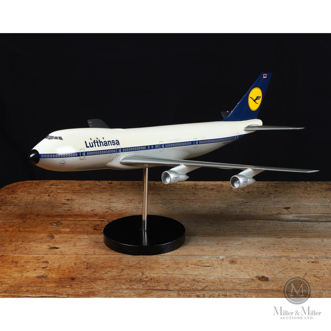 Verkuyl Lufthansa Boeing 747: Holland. 1969 Aluminum. This impressive promotional model showcases the iconic Boeing 747 "Jumbo Jet" in Lufthansa's classic late 20th-century livery, featuring the distinctive blue window cheatline a