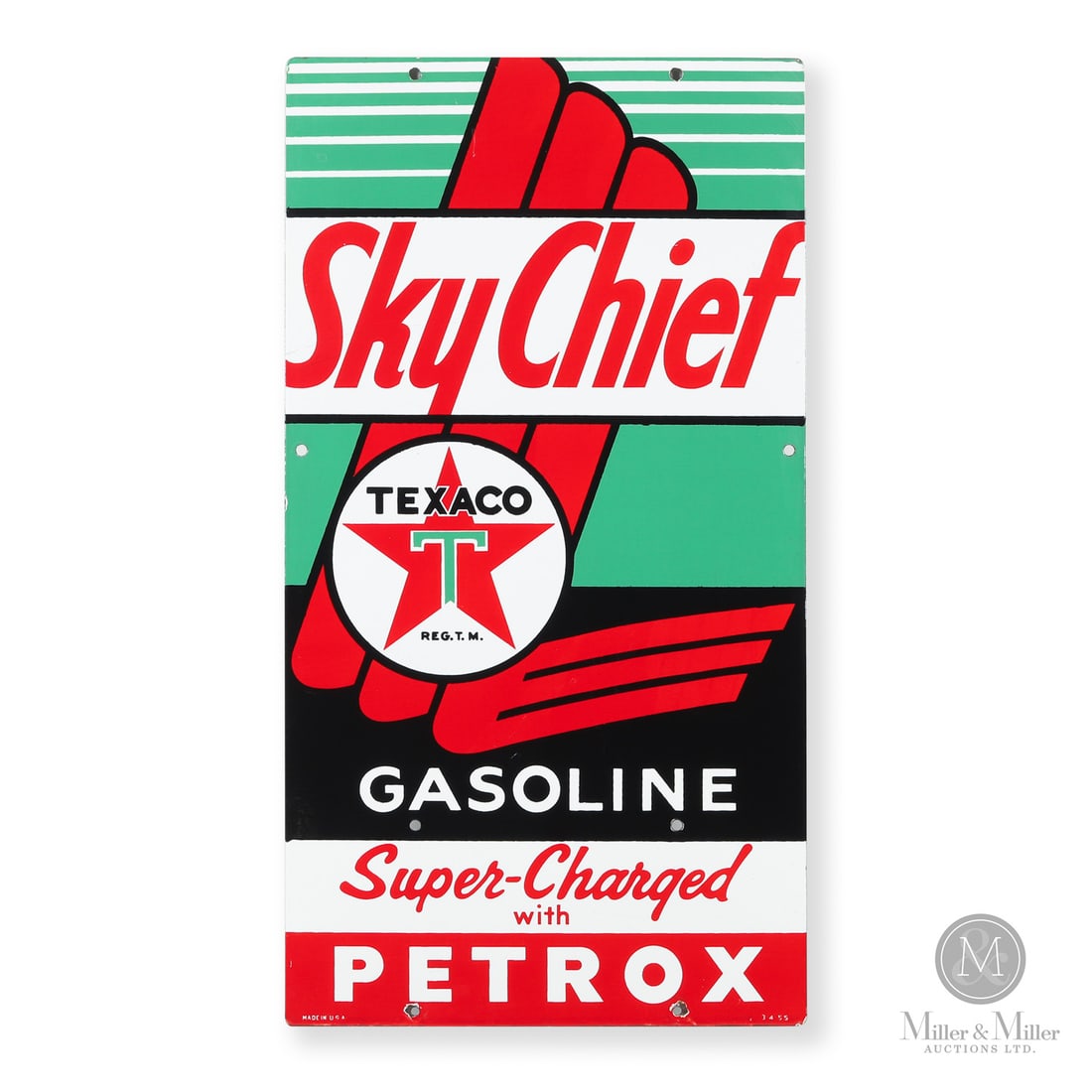 Texaco Sky Chief With Petrox Gasoline Pump Sign: American. 1955. Single-sided porcelain (SSP). Marked, "Made in USA", lower left edge. Marked, "3 4 55", lower right edge. 22.25" x 12". Authenticated by The Authentication Company (TAC #501317). All i