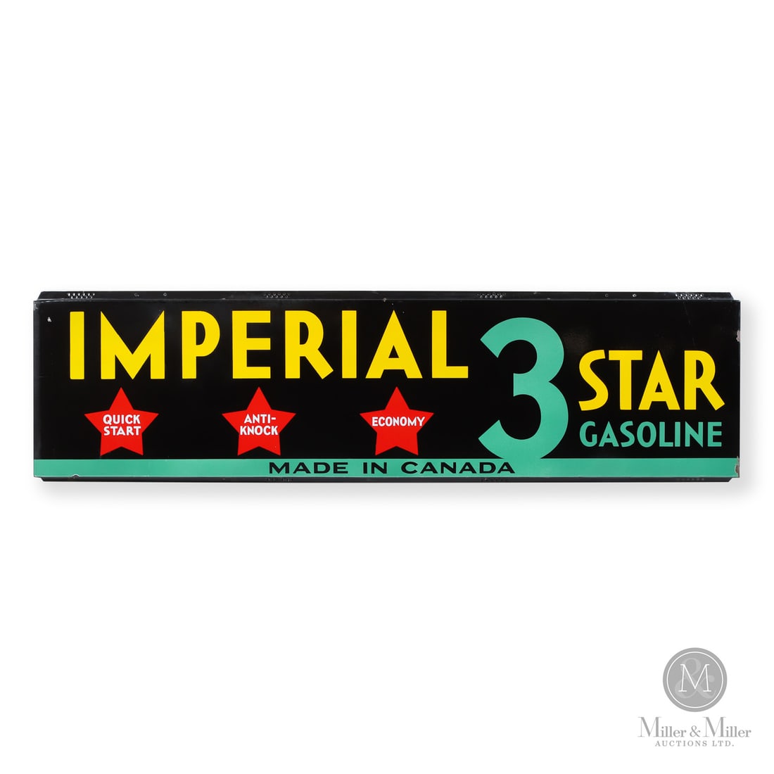 Imperial 3 Star Gasoline Service Station Sign: Canadian. 1930s. Self-framed return edge single-sided porcelain (SSP). Imperial 3 Star refers to a brand of gasoline marketed by Imperial Oil in Canada, starting in 1936. Unmarked. 18.25" x 72" x 1".