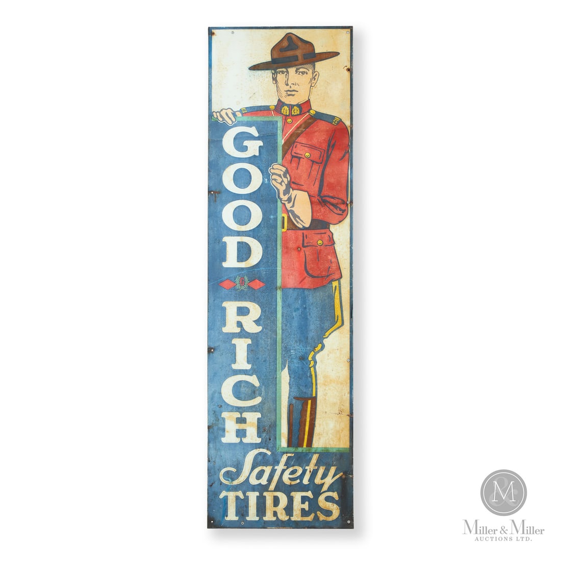 Goodrich Tires "Mountie" Vertical Sign: Canadian. 1930s. Single-sided tin (SST). This is one of Canada’s most recognizable, iconic and highly sought-after automotive advertising signs. The sign features a full-length figure of a Royal Can