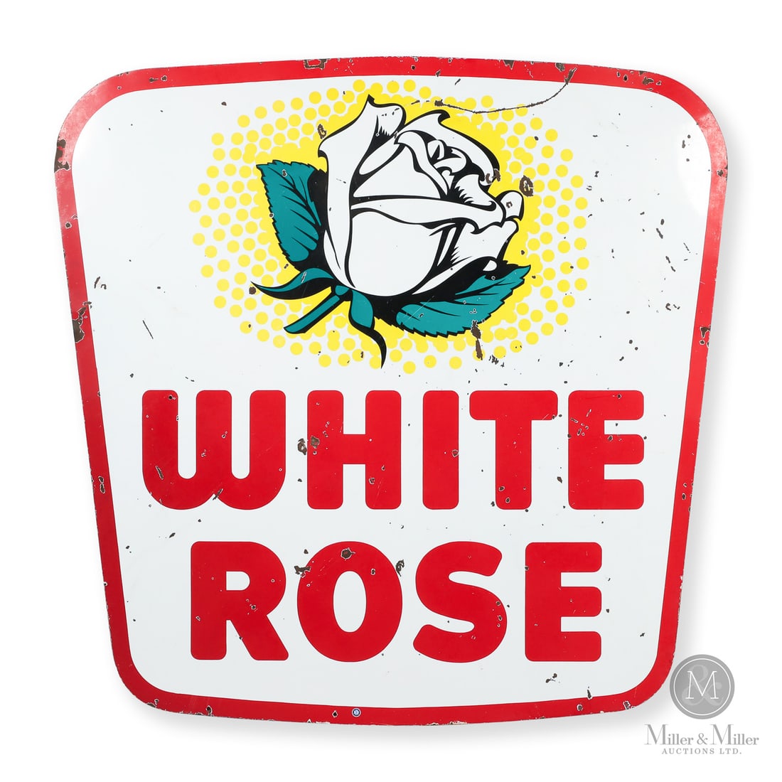 White Rose Gasoline Service Station 6' Shield Sign: Canadian. 1950s. Double-sided porcelain (DSP). In 1938-1939 the firm replaced all "Slate Boy" branding in favour of the white rose flower image. It used the flower image until 1962 when White Rose was