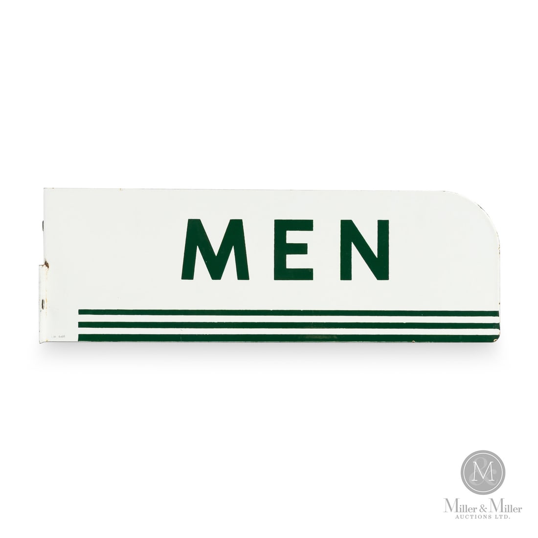 Texaco Service Station Men's Restroom Flange Sign: Canadian. 1966. Die-cut double-sided porcelain (DSP). Marked, "P&M 4-66", lower left beside flange. 5" x 15" x 1.75". Authenticated by The Authentication Company (TAC #501452). All items are guarantee