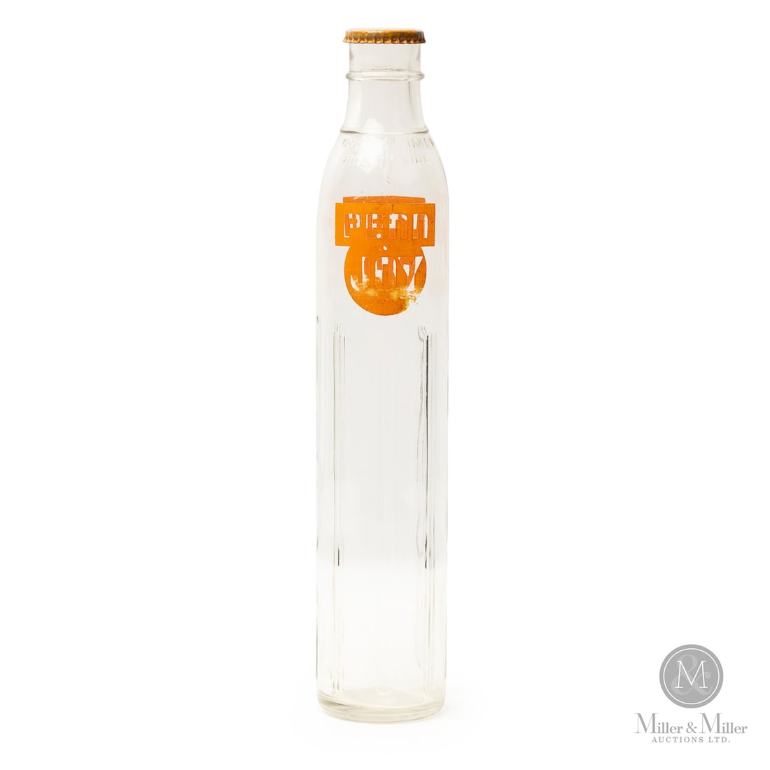 Penn Joy One Imperial Quart Oil Bottle: Canada. 1930s. Glass with applied colour label (ACL). Penn Joy ("Penn" referring to Pennsylvania Grade Crude Oil" and "Joy" referring to the "Joy Oil Company Limited) was a Canadian-based chain famous