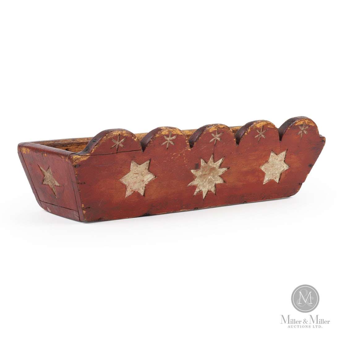 Candle Box With Stars: Canada. c. 1830. Wood. A 19th century candle/utility box with three sides having relief carved stars and the front with a scalloped edge. All in original dry red and white paint (back never painted).