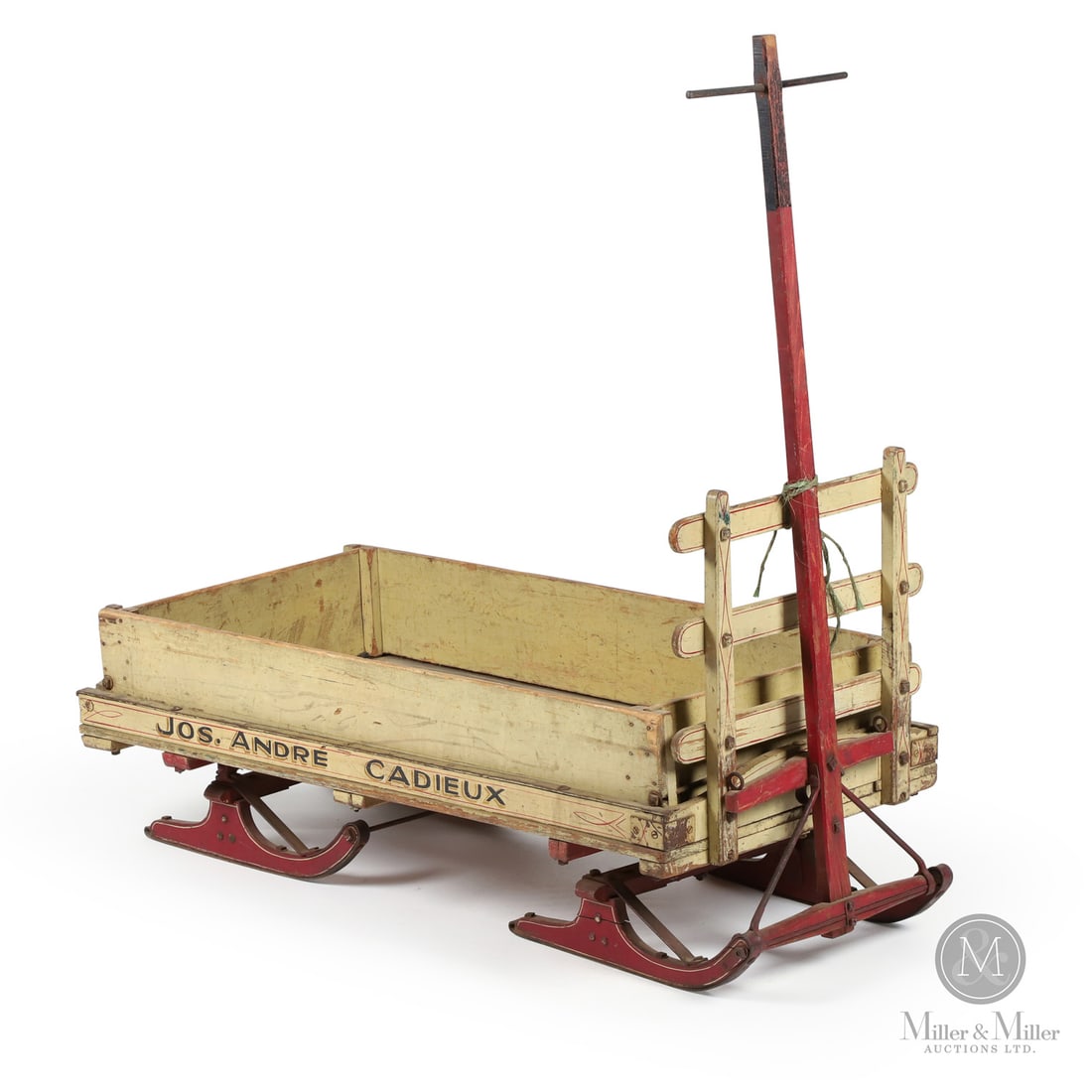 Jos. André Cadieux Quebec Delivery Sled: Quebec, Canada. Late 19th Century. Wood. An antique delivery sled in excellent condition with the original handle and metal runners. A rare and finely preserved example of Quebec folk craftsmanship,