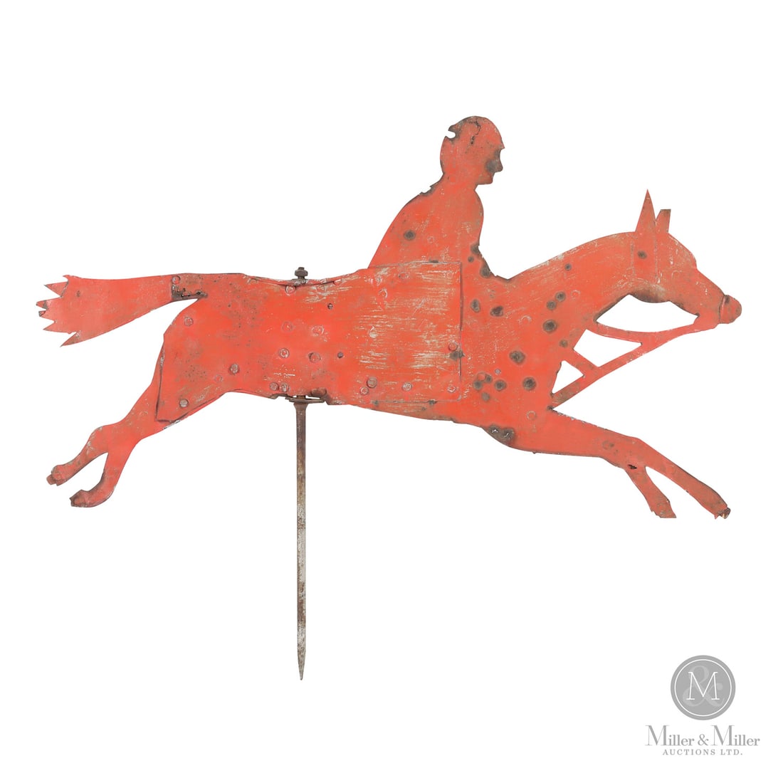 Horse & Rider Weathervane: Quebec, Canada. c. 1900. Metal. A sheet metal weathervane in old red paint of a horse and rider at full gallop. Original mounting post and original iron reinforcements on the back. Unmarked. 34" x 42"
