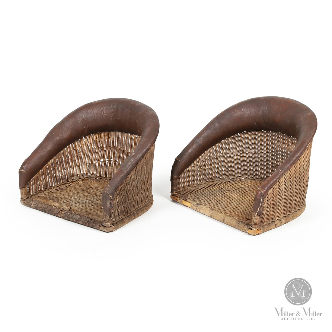 Pair of Wicker Bucket Seats: British. Early 20th Century. Wicker A rare pair of portable wicker bucket seats with cushioned collars in simulated leather. Seats like these were used in early aviation such as in the Sopwith Camel