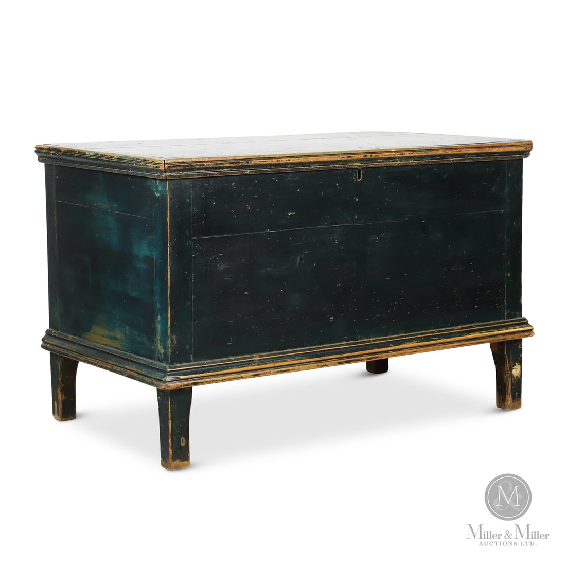 Green / Blue Quebec Blanket Chest: Quebec, Canada. c. 1835-1840. Wood. A Quebec pine blanket chest with post construction, high feet and in original oxidized blue/green paint. Unmarked. 25.75" x 40.5" x 23". From the Late Miller Carmic