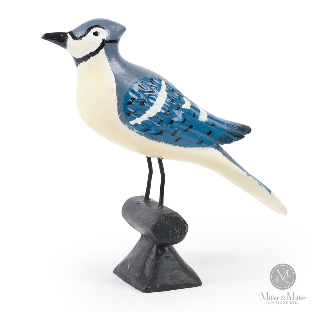 Wilfrid Richard Blue Jay: Quebec, Canada. c. 1975. Wood. A large carved Blue Jay by Wilfrid Richard (1894-1996) in original paint and mounted on the original shaped base. Marked, WiLFRiD RiCHARD CiRCA 1975" underneath. 9.5" x