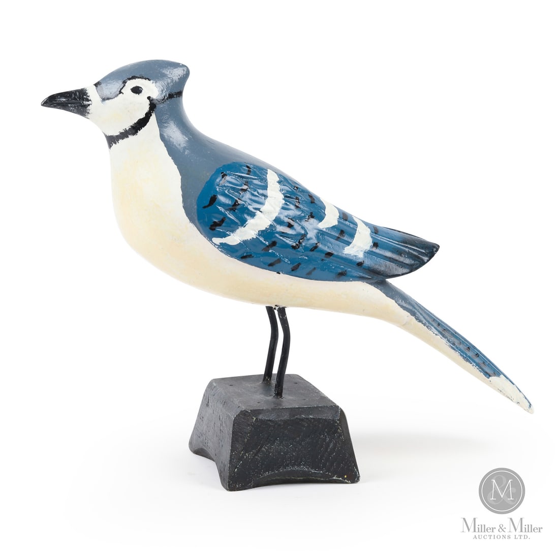 Wilfrid Richard Blue Jay: Quebec, Canada. c. 1975. Wood. A large carved Blue Jay by Wilfrid Richard (1894-1996) in original paint and mounted on the original block base. Marked, WiLFRiD RiCHARD CiRCA 1975" underneath. 8" x 3.5