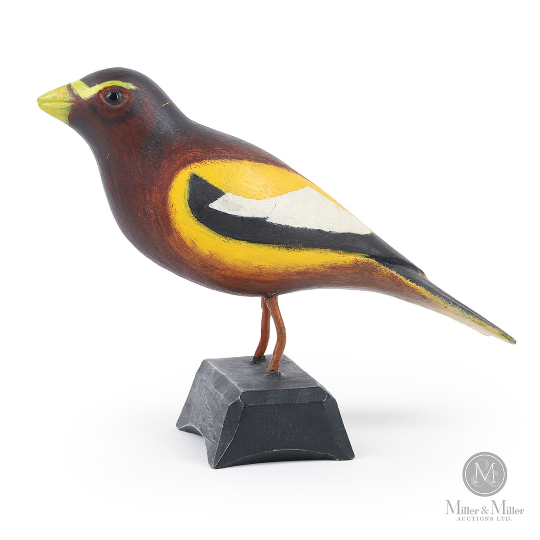 Wilfrid Richard Grossbeak: Quebec, Canada. c. 1975. Wood. A carved Grosbeak by Wilfrid Richard (1894-1996) mounted on the original shaped block base. Marked, "WiLFRiD Ri" underneath. 6.75" x 3.5" x 8". From the Late Miller Carm