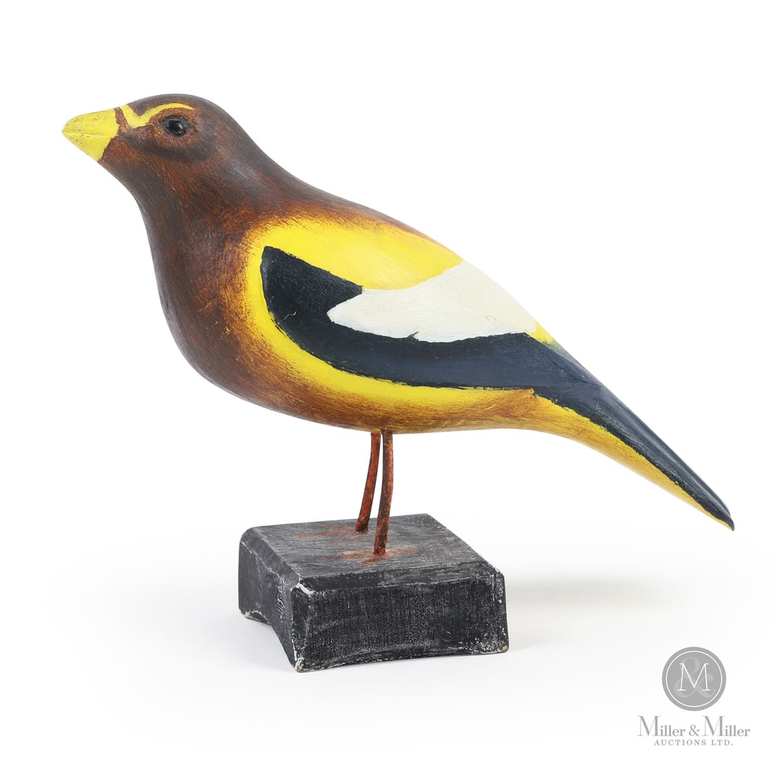 Wilfrid Richard Grosbeak: Quebec, Canada. c. 1975. Wood. A carved Grosbeak by Wilfrid Richard (1894-1996) with carved eyes and wire rod legs, mounted on the original base. Unmarked. 6.5" x 3.25" x 9.5". From the Late Miller Ca
