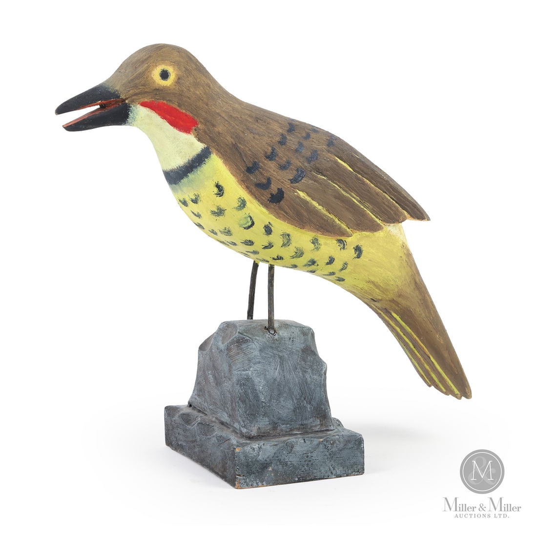 Marie Jeanne Lavallee Flicker: Quebec, Canada. c. 1980. Wood. A carved Flicker with an open beak by Marie-Jeanne (1922-2015, daughter of Wilfrid Richard) in original dry paint and mounted on the original painted base. Identified on