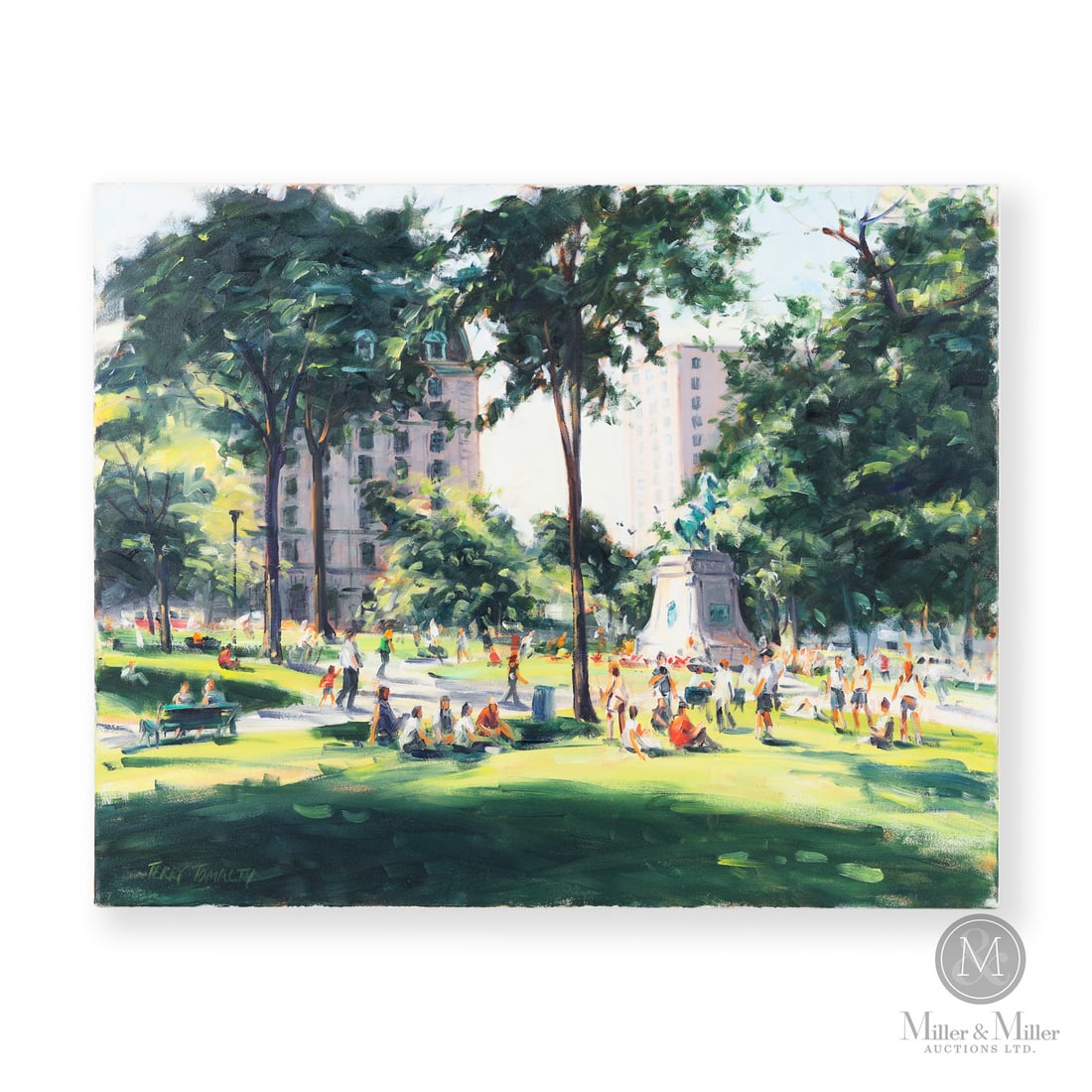 Terry Tomalty (1935-) "Dominion Square" Montreal Oil on Canvas: Canada. c. 2000. Oil on Canvas. Signed by artist at lower left. Signed and titled on stretcher. Canvas: 23.75" x 29.75". From the Late Miller Carmichael Collection. Canada. c. 2000. Signed by artist a