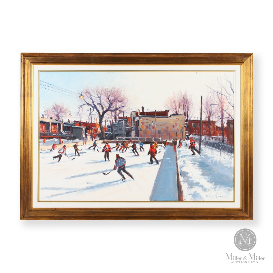 Terry Tomalty (1935-) "The Pocket, The Rocket & The Boom Boom" Oil on Canvas: Canada. c. 2000. Oil on Canvas. Signed, "TERRY TOMALTY" lower right. Signed and titled on reverse. Painting: 24" x 36". Framed: 30.5" x 42.25" x 1.25". From the Late Miller Carmichael Collection. Cana