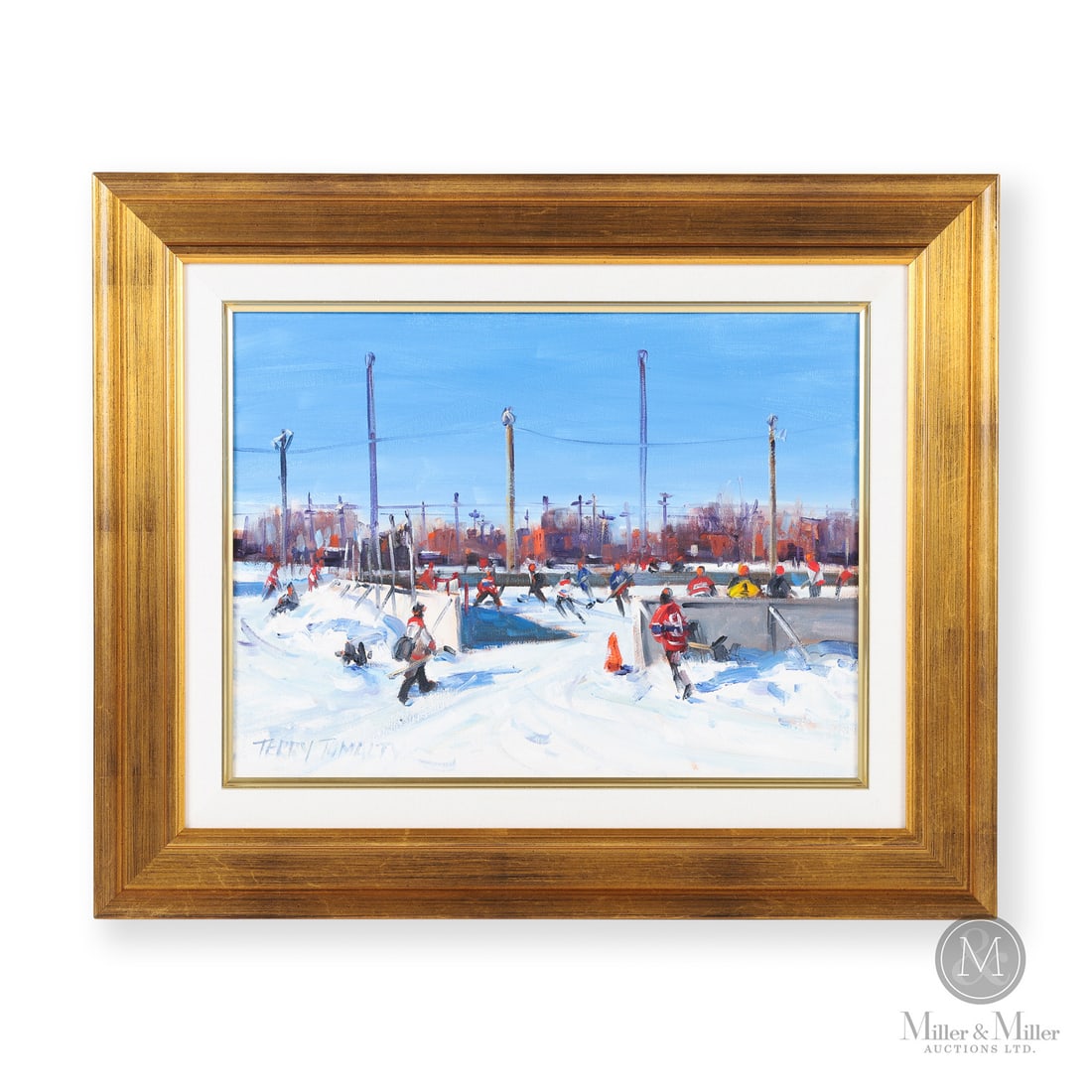 Terry Tomalty (1935-) Laurier Park Hockey Scene Oil on Canvas: Canada. c. 2000. Oil on Canvas. Signed, "TERRY TOMALTY" lower left. Signed and titled on reverse. Painting : 12" x 16", Framed : 18.25" x 22.25" x 1". From the Late Miller Carmichael Collection. Canad