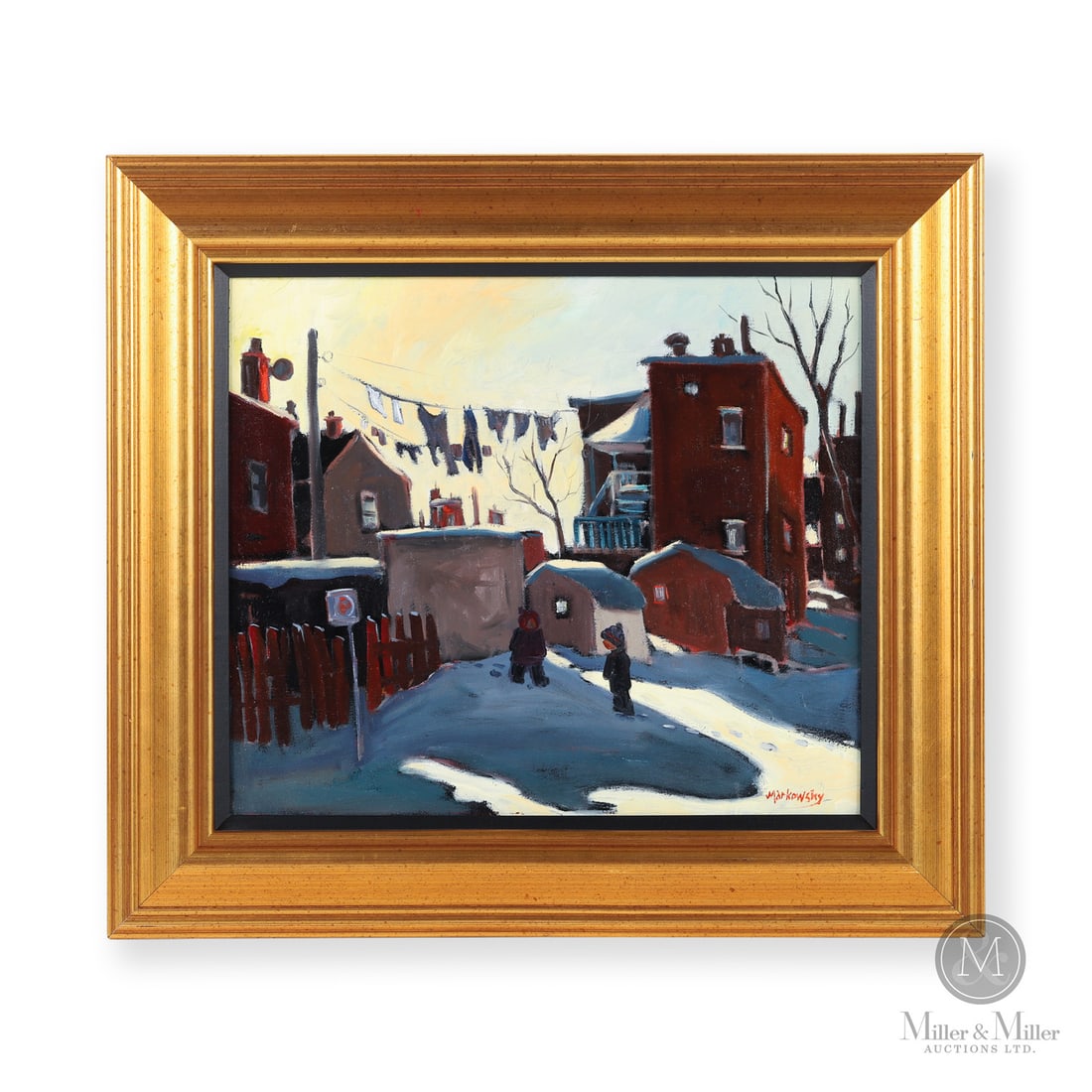 Martha Markowsky (1946-) Laundry on 7th Oil on Canvas: Canada. c. 2000. Oil on Canvas. Signed, "Markowsky" lower right. Signed / titled verso. Painting : 12" x 14", Framed 17" x 19" x 1". From the Late Miller Carmichael Collection. Canada. c. 2000. Signed
