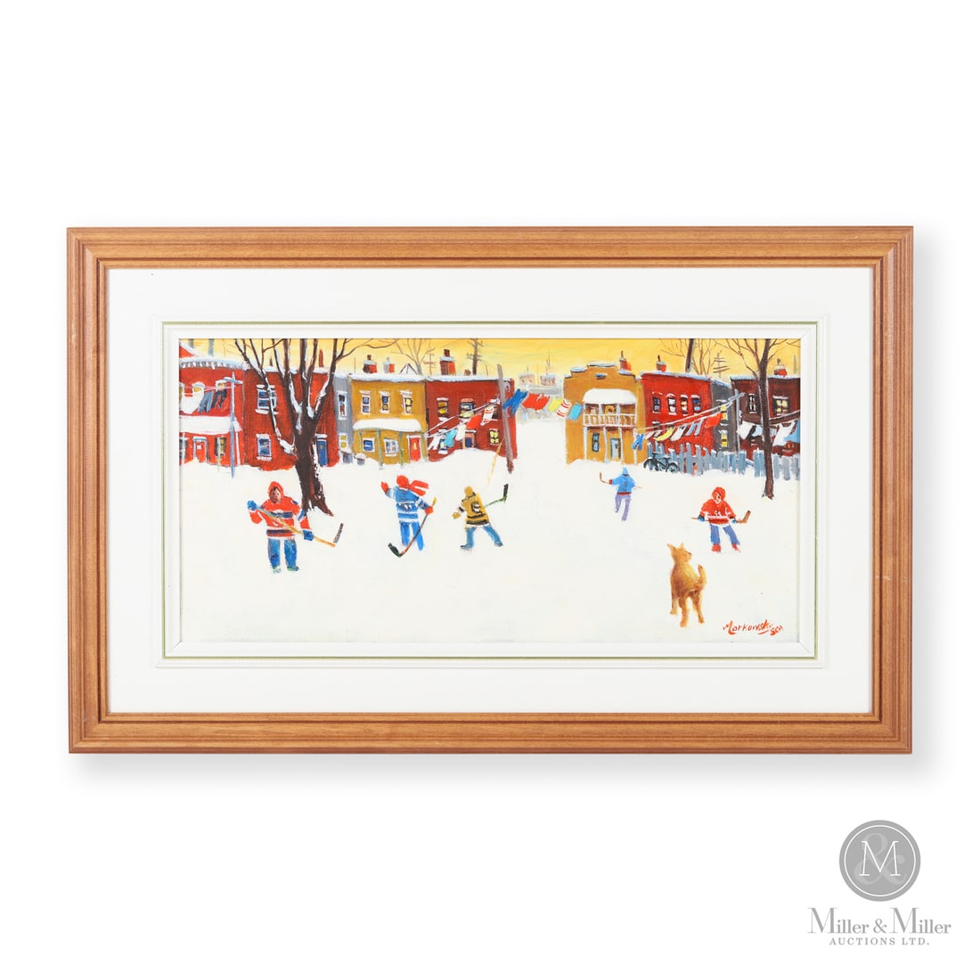 Martha Markowsky (1946-) "Clearing for a Rink" Oil on Canvas: Canada. c. 2000. Oil on Canvas. Signed, "Markowsky SCA" lower right. Signed / titled verso. Painting: 10" x 20". Framed: 17" x 27" x 1.5". From the Late Miller Carmichael Collection. Canada. c. 2000.